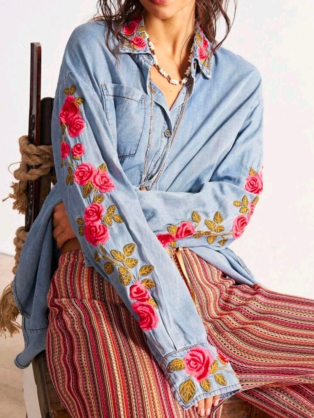 New Boho Embroidered Rose Floral Button Down Shirt Blue Denim Red Pink Green - Picture 5 of 11